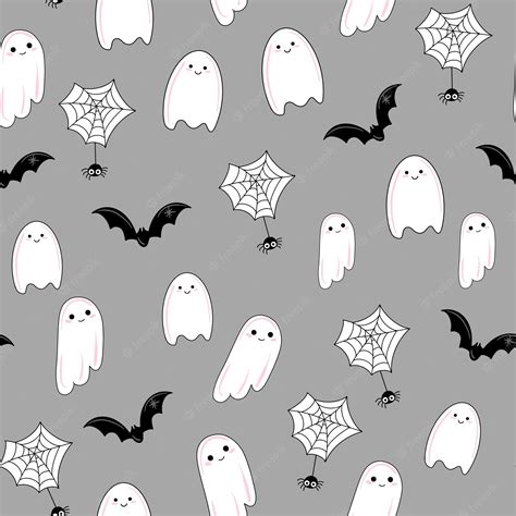 Premium Vector Cute Seamless Pattern With Ghosts And Bats On Grey