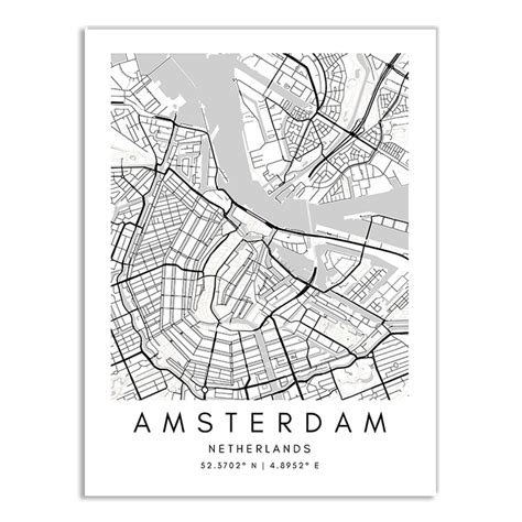 Affiche Plan De Amsterdam Pays Bas En Noir Et Blanc Worldinmaps