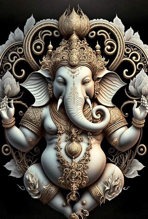 An Intricately Decorated Ganesha With Two Lotuses On Its Chest And One