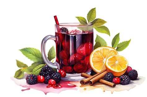 Vino Tinto Caliente Navide O Con Especias Y Frutas Estilo Acuarela