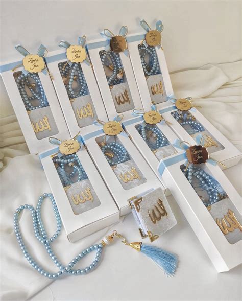 Personalized Quran Tasbeeh Box Favors Light Blue Pearl Bead Tasbeeh