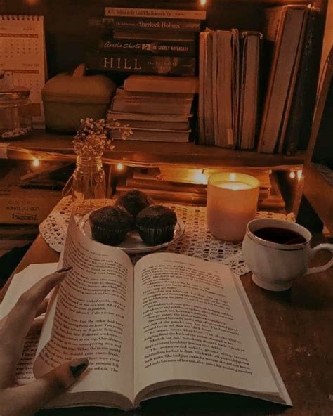 Book Candle Bookshelf Muffins Tea Fairy Lights Cosy Aesthetic