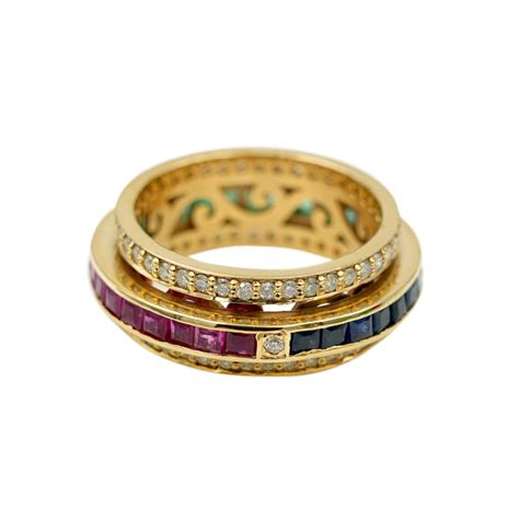 Natural Ruby Emerald Sapphire Diamond Studded 14k Solid Gold Rotating