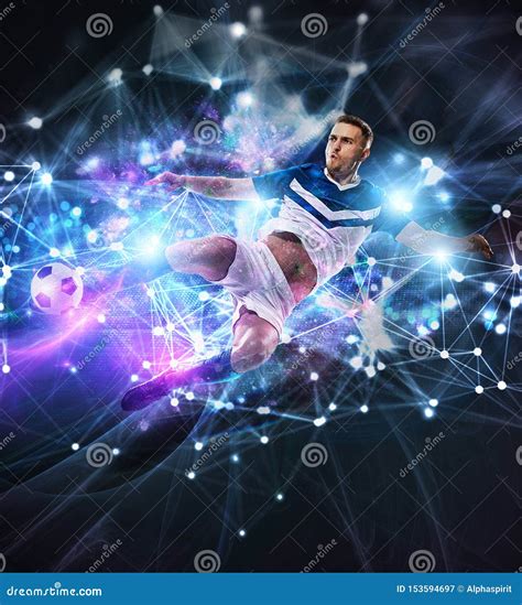 Football Scene With Soccer Player In Front Of A Futuristic Digital