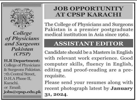 College Of Physicians And Surgeons Pakistan Karachi Job 2024