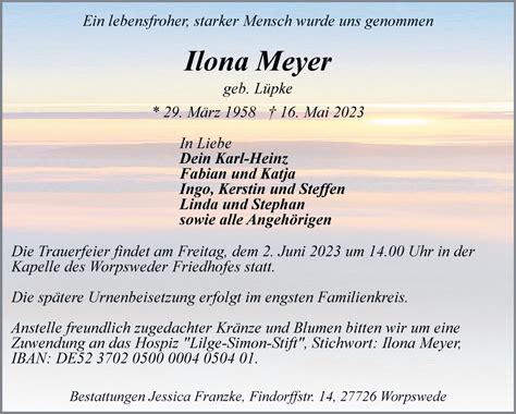 Traueranzeigen Von Ilona Meyer Trauer Gedenken