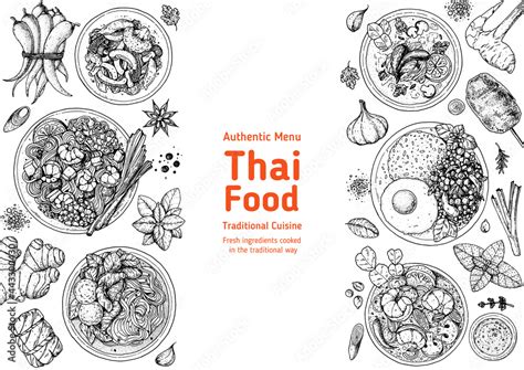 Thai Food Top View Vector Illustration Food Menu Design Template Hand