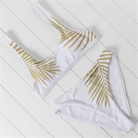 Maillot De Bain Omkagi Bikini Br Silien Taille Haute Imprim Feuilles Noir Micro Blanc