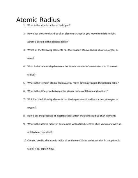 Atomic Radii Worksheet