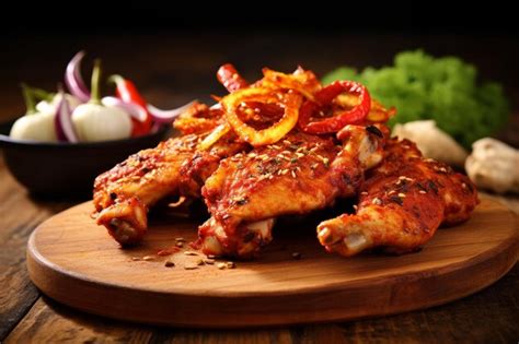 Hot And Spicy Korean Barbeque Fried Chicken On Wood Cutting Board