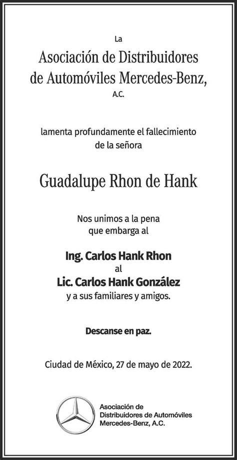 Doña Guadalupe Rhon de Hank Obituario Esquela