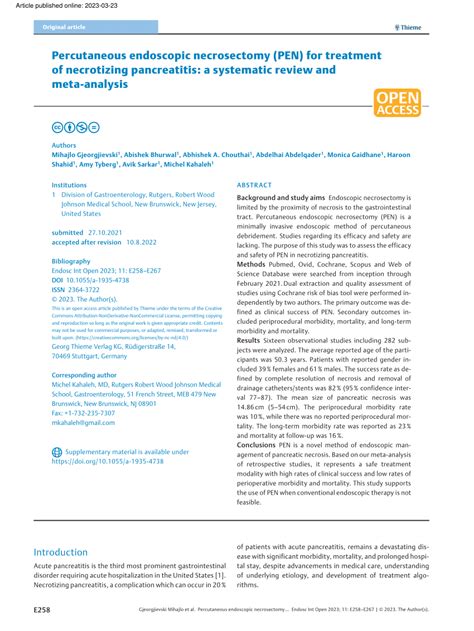 Pdf Percutaneous Endoscopic Necrosectomy Pen For Treatment Of Necrotizing Pancreatitis A