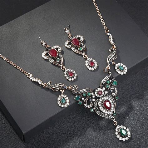 Turkish Flower Necklace Earring Sets Red Pendants Chains Resin Choker