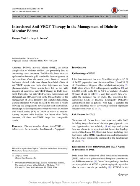 Intravitreal Anti Vegf Therapy In The Management Of Diabetic Macular Edema