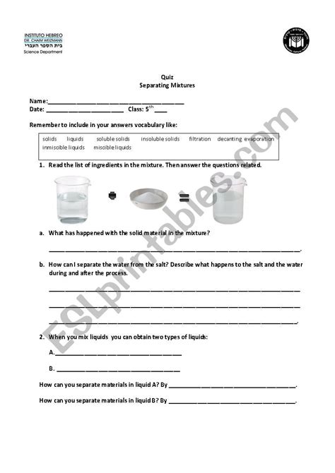 Separation Of Mixtures Worksheet E Streetlight