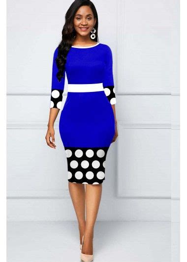 Royal Blue Dress Rotita Contrast Polka Dot Round Neck Dress Contrast