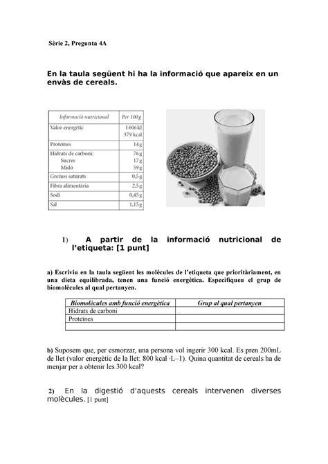 Metabolisme Exercicis S Rie Pregunta A En La Taula Seg Ent Hi