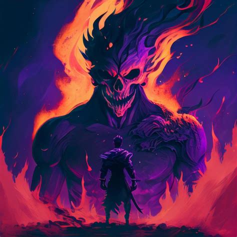 Premium Photo Witch With Fire And Demon Face In Front Of A Purple