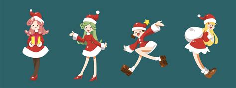 Set Of Cute Santa Girls Cartoon Character Flat Vector Illustration