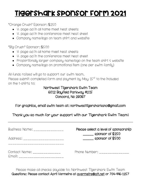 Fillable Online Tigershark Sponsor Form Fax Email Print Pdffiller