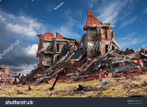 Completely Destroyed A Two Story Brick Building Stock Photo 129521273