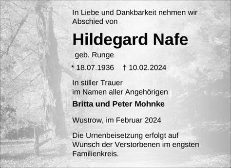 Traueranzeigen Von Hildegard Nafe Trauer Nordkurier