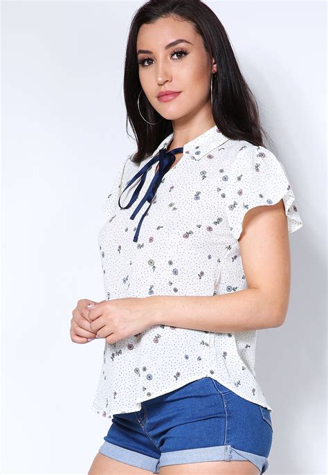 Floral Print Tie Neck Blouse Shop Blouses And Shirts At Papaya Clothing