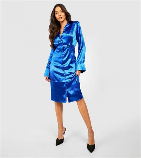 Buy Boohoo Satin Wide Sleeves Midi Shirt Dress In Blue 6thStreet Oman