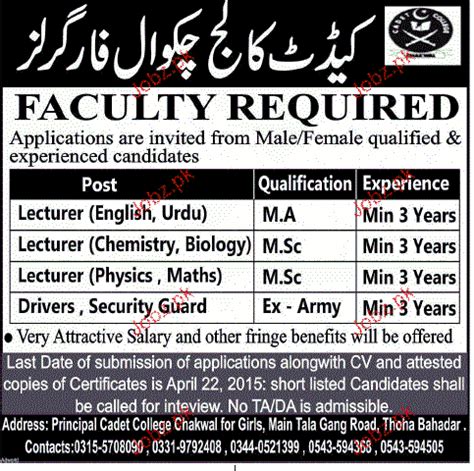 Lecturers And Drivers Job In Cadet College Chakwal For Girls Job