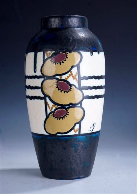 Louis Dage Art Deco Vase With Stylistic Polychrome Floral Decor