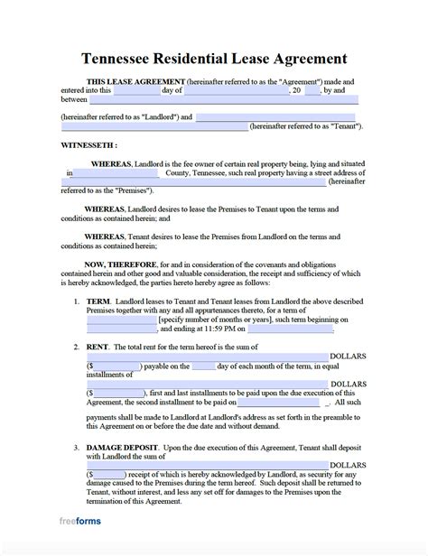 Free Tennessee Standard Residential Lease Agreement Template Pdf Word