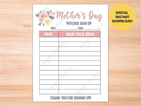 Mothers Day Potluck Sign Up Sheet Printable For Mothers Day Etsy