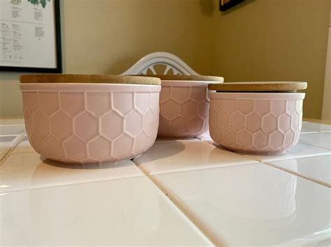 Set Of Ceramic Canister Jars With Bamboo Lids In Nude Pink Bloomingville Honeycomb Textured