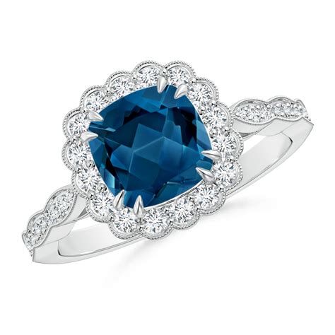 Cushion London Blue Topaz Ring With Floral Halo Angara Uk