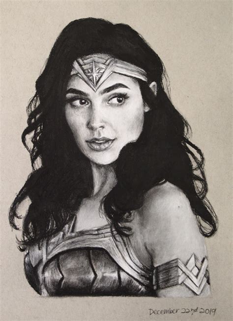 Wonder Woman With Black And White Charcoal On Grey Paper Rdrawing