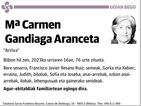 M Carmen Gandiaga Aranceta Esquela Necrol Gica El Correo