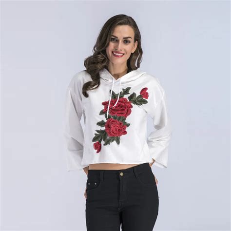 Women New Elegant Floral Embroidery Hoodies Sweatshirt Ladies Sexy Crop Shirt Loose Pullovers