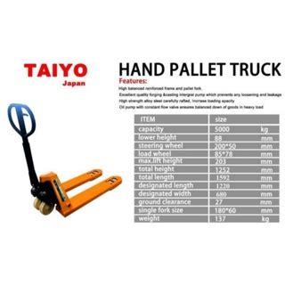 HEAVY DUTY HYDRAULIC PALLET TRUCK HAND PALLET 5 TONS TAIYO JAPAN