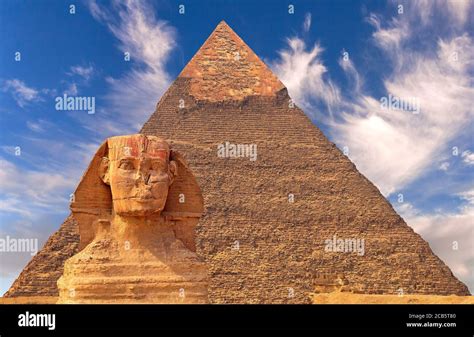 Giant statue of Great Sphinx on the background of the oldest and ...