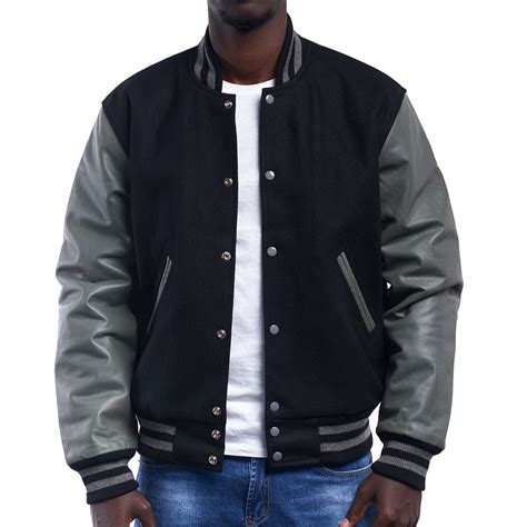 Varsity Base Men Jacket Black Wool Body Grey Leather Sleeves Letterman