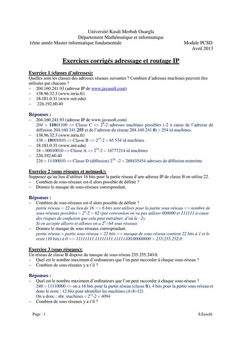 SOLUTION Exercices Corrig S Adressage Et Routage Ip Studypool