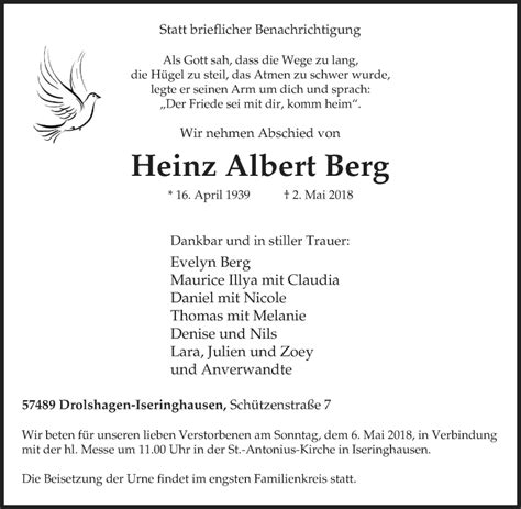 Traueranzeigen Von Heinz Albert Berg Trauer In NRW De