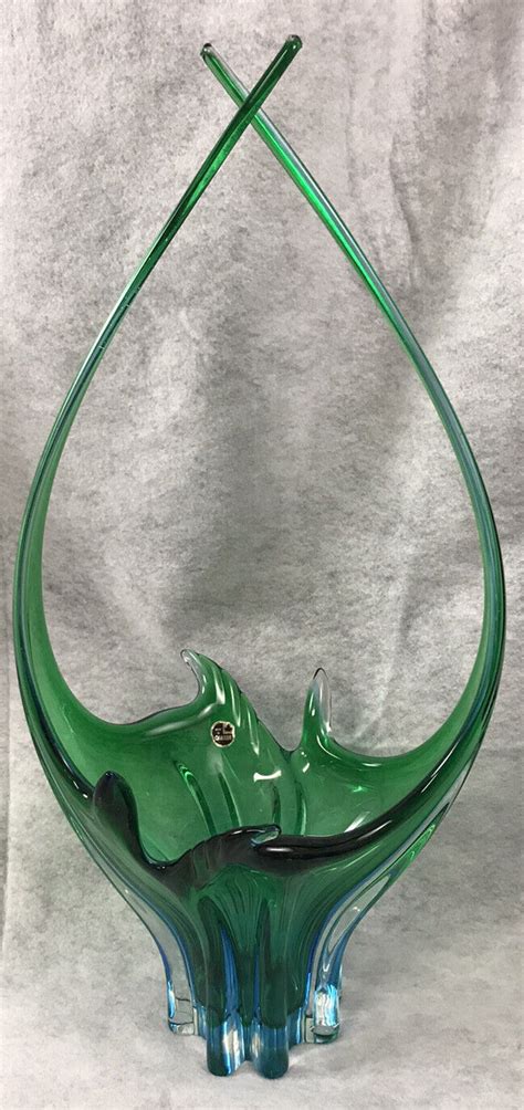 Exceptional Lorraine Glass Basket 23” Tall Green Blue Mid Century Label Chalet For Sale