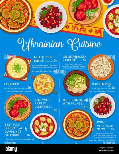 Ukrainian cuisine menu, food for lunch and dinner, vector traditional ...