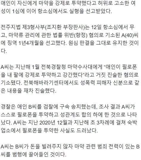 “애인이 강제로 마약 투약” 허위 고소한 40대 女 항소심서 실형 정치시사 에펨코리아