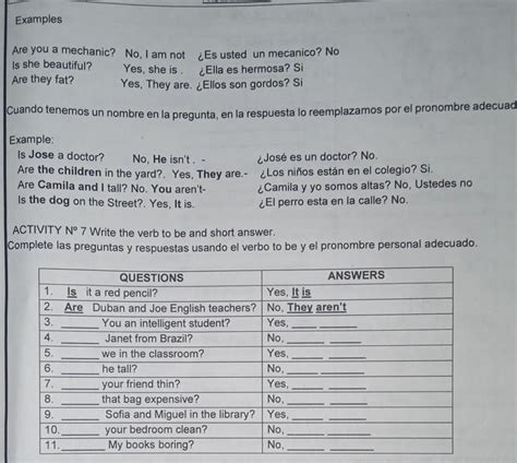 completé las preguntas y respuestas usando el verbo to be y el