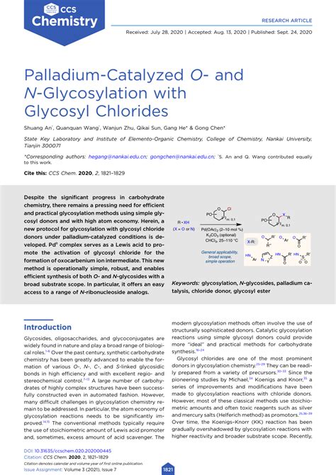 Pdf Palladium Catalyzed O And N Glycosylation With Glycosyl Chlorides