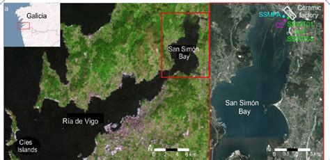 a Map of the Ría de Vigo NW Spain showing the study area b