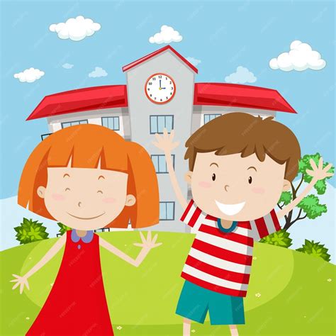 Premium Vector School Scene With Two Happy Kids