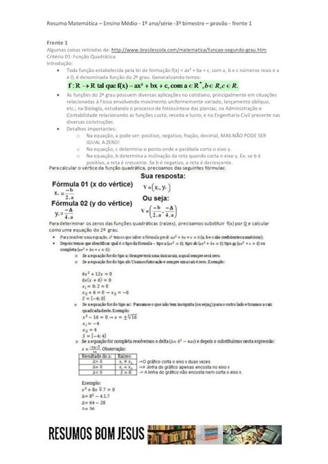 PDF Resumo Matemática Ensino Médio 1º ano série 3º bimestre